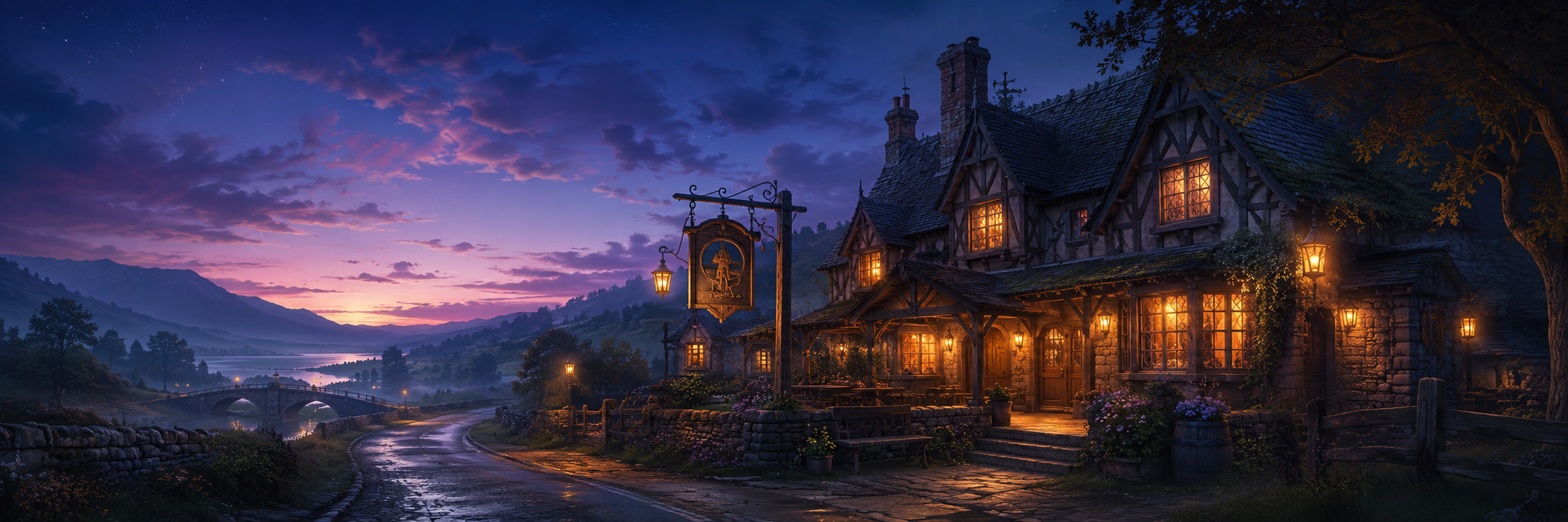 A warmly lit countryside inn at twilight